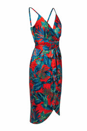 Current Boutique-Nicole Miller - Red Satin Tropical Print Surplice Sundress w/ Belt & Slit Sz 2