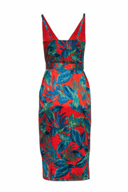 Current Boutique-Nicole Miller - Red Satin Tropical Print Surplice Sundress w/ Belt & Slit Sz 2