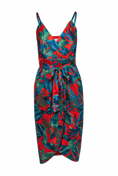 Current Boutique-Nicole Miller - Red Satin Tropical Print Surplice Sundress w/ Belt & Slit Sz 2