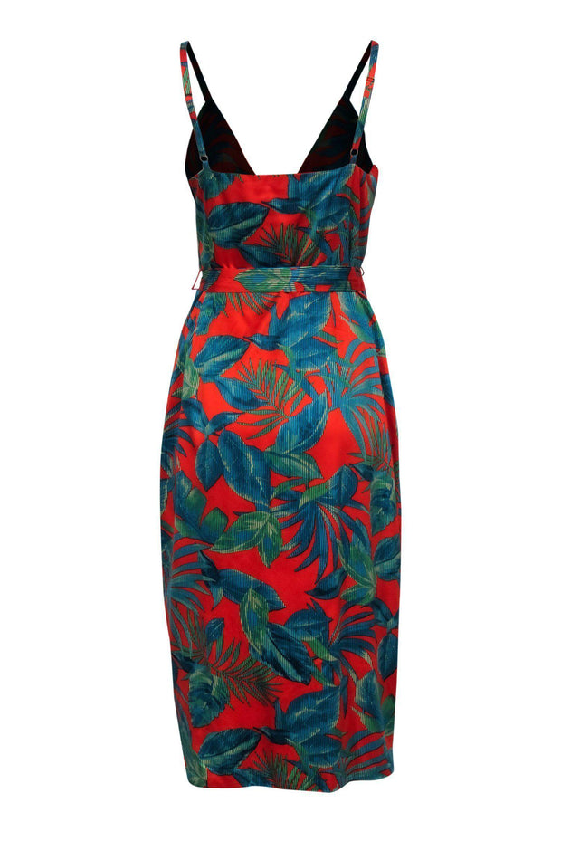 Current Boutique-Nicole Miller - Red & Teal Palm Pattern Midi Wrap Dress Sz 8