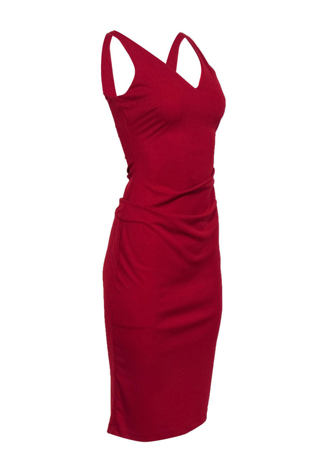 Current Boutique-Nicole Miller - Red V-Neck A-Line Dress w/ Ruching Sz 2