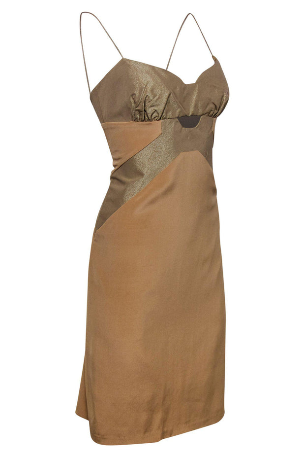 Current Boutique-Nicole Miller - Tan Spaghetti Strap Bodycon Dress w/ Gold Paneling Sz 12