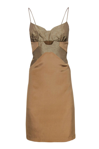 Current Boutique-Nicole Miller - Tan Spaghetti Strap Bodycon Dress w/ Gold Paneling Sz 12