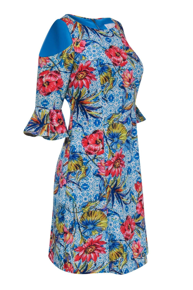 Current Boutique-Nicole Miller - Turquoise & White Floral Print Sheath Dress w/ Cold Shoulders Sz 4