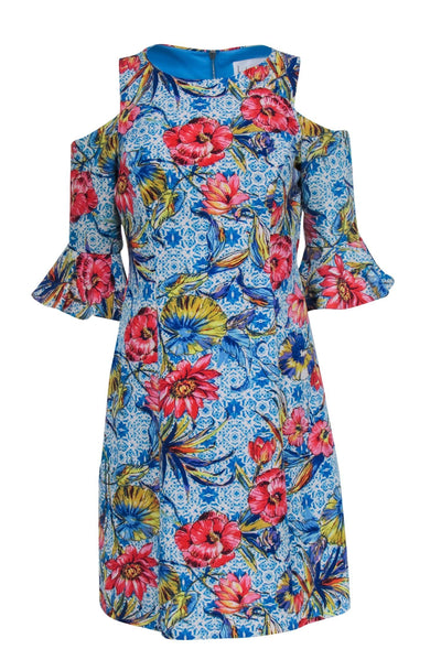 Current Boutique-Nicole Miller - Turquoise & White Floral Print Sheath Dress w/ Cold Shoulders Sz 4
