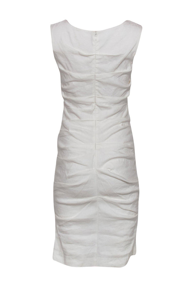 Current Boutique-Nicole Miller - White Linen Blend Ruched Midi Dress Sz 8