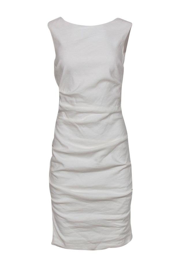 Current Boutique-Nicole Miller - White Linen Blend Ruched Midi Dress Sz 8