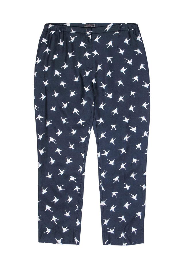 Current Boutique-Nina Ricci - Navy & White Bird Print Silk Straight Leg Pants Sz S