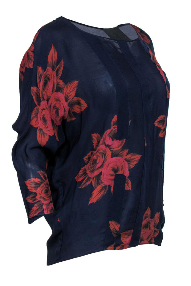 Current Boutique-No.6 - Navy & Rust Floral Print Long Sleeve Silk Blouse Sz 2