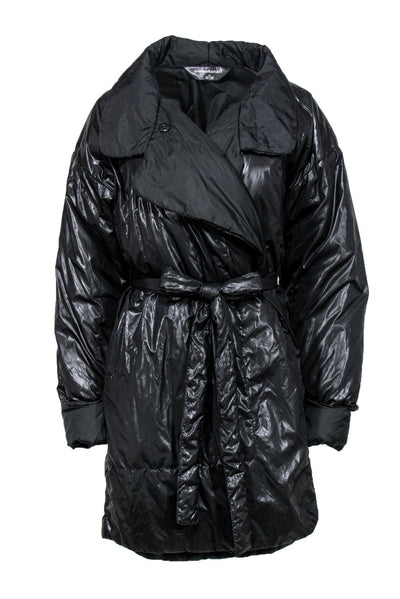 Current Boutique-Norma Kamali - Black Shiny Long Puffer Coat w/ Tie Belt Sz M