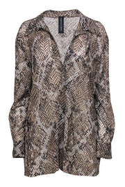 Current Boutique-Norma Kamali - Green & Grey Snakeskin Print Sheer Long Sleeve Button-Up Blouse Sz L
