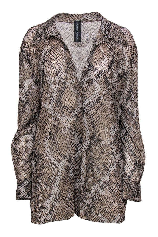 Current Boutique-Norma Kamali - Green & Grey Snakeskin Print Sheer Long Sleeve Button-Up Blouse Sz L