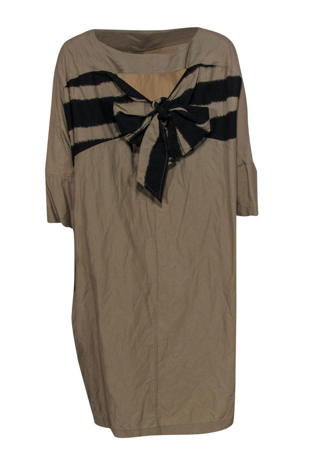 Current Boutique-Nuovo Borgo - Deep Khaki Oversized Shift Dress w/ Striped Bow Sz 10