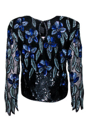 Current Boutique-O.R. Silk - Vintage Black & Blue Floral Sequined Blouse Sz S