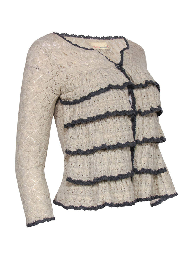 Current Boutique-Odd Molly - Beige & Grey Ruffle Pointelle Knit Button-Up Cardigan Sz 6