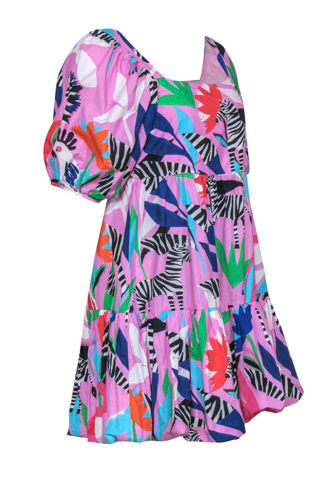 Current Boutique-Oliphant - Pink Zebra & Tropical Bird Print Cotton Bubble Skirt Dress Sz S