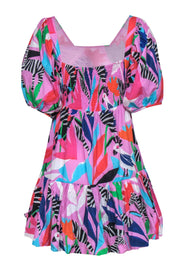Current Boutique-Oliphant - Pink Zebra & Tropical Bird Print Cotton Bubble Skirt Dress Sz S