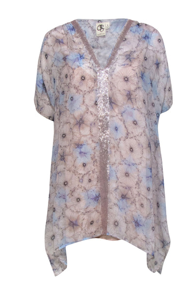 Current Boutique-One September - Light Blue & Pink Floral Print Tunic w/ Sequin Trim Sz S