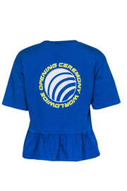 Current Boutique-Opening Ceremony - Blue Short Sleeve Peplum Tee w/ Front & Back Logo Graphics Sz S
