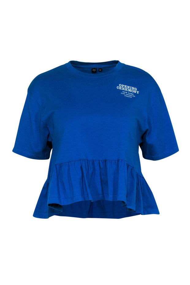Current Boutique-Opening Ceremony - Blue Short Sleeve Peplum Tee w/ Front & Back Logo Graphics Sz S