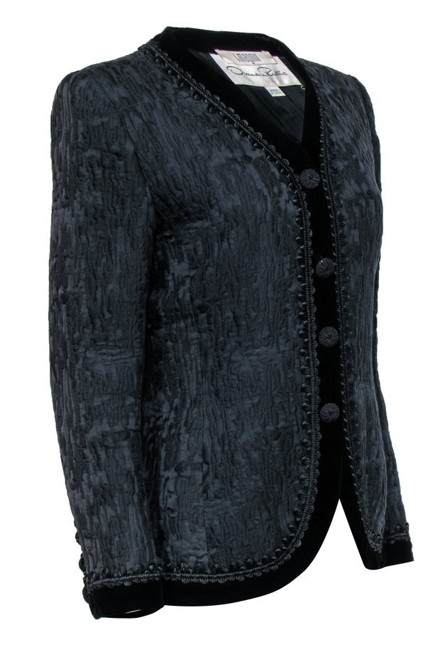 Current Boutique-Oscar de la Renta - Black Jacquard Jacket w/ Fabric Buttons & Velvet Trim Sz 10