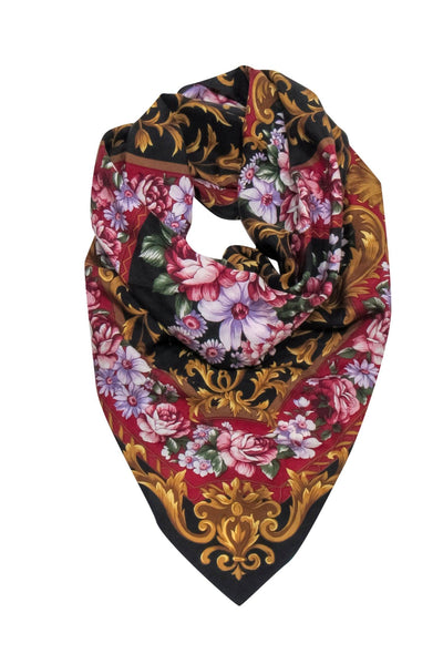 Current Boutique-Oscar de la Renta - Black & Multicolor Floral Print Silk Scarf