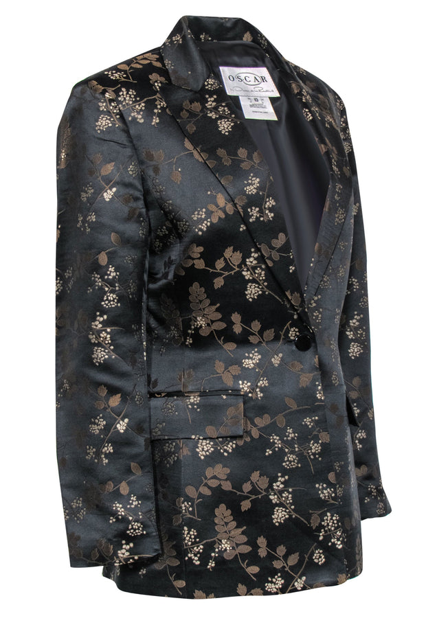Current Boutique-Oscar de la Renta - Black Silk & Brown Vine Embroidered Blazer Sz 10