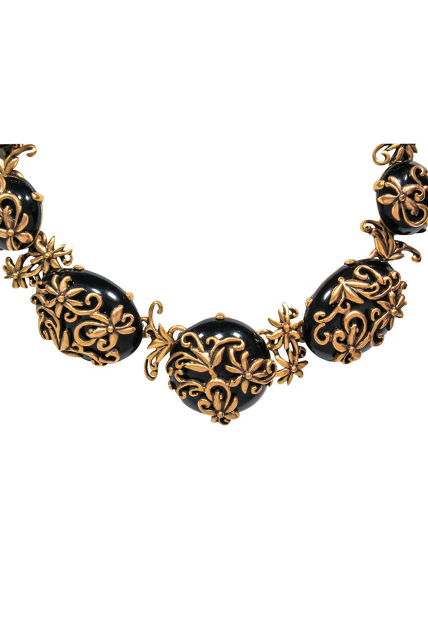 Current Boutique-Oscar de la Renta - Gold & Black Stone Necklace w/ Flowers