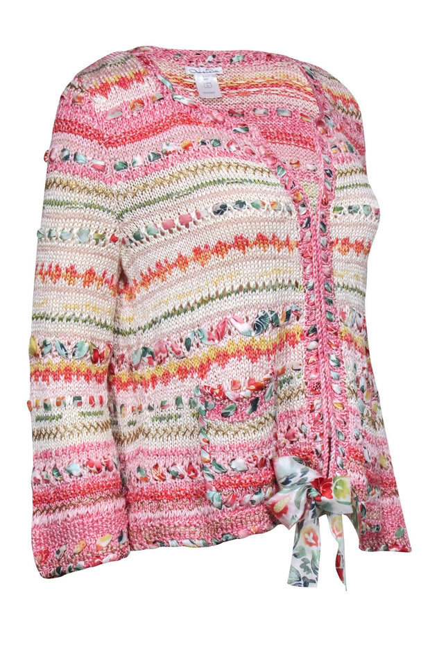 Current Boutique-Oscar de la Renta - Pink & Multicolor Woven Zipper Front Cardigan Sz L