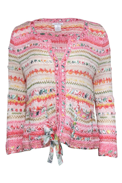 Current Boutique-Oscar de la Renta - Pink & Multicolor Woven Zipper Front Cardigan Sz L