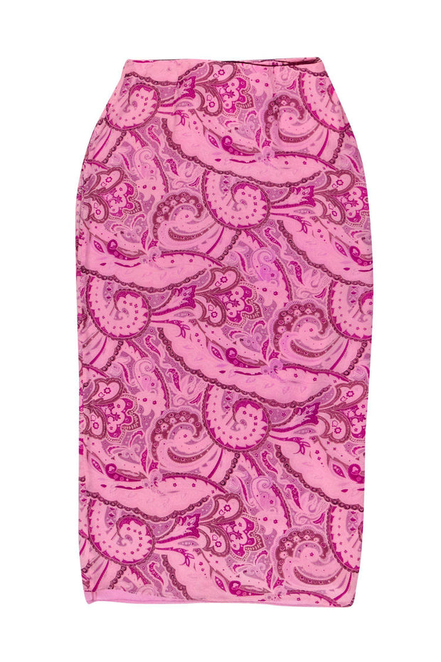 Current Boutique-Oscar de la Renta - Pink Paisley Print Silk Midi Skirt Sz 4