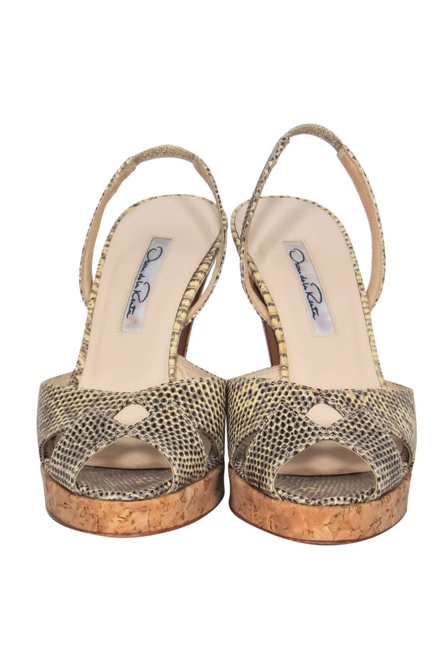 Current Boutique-Oscar de la Renta - Snakeskin Open Toe Pumps w/ Cork Heel Sz 5