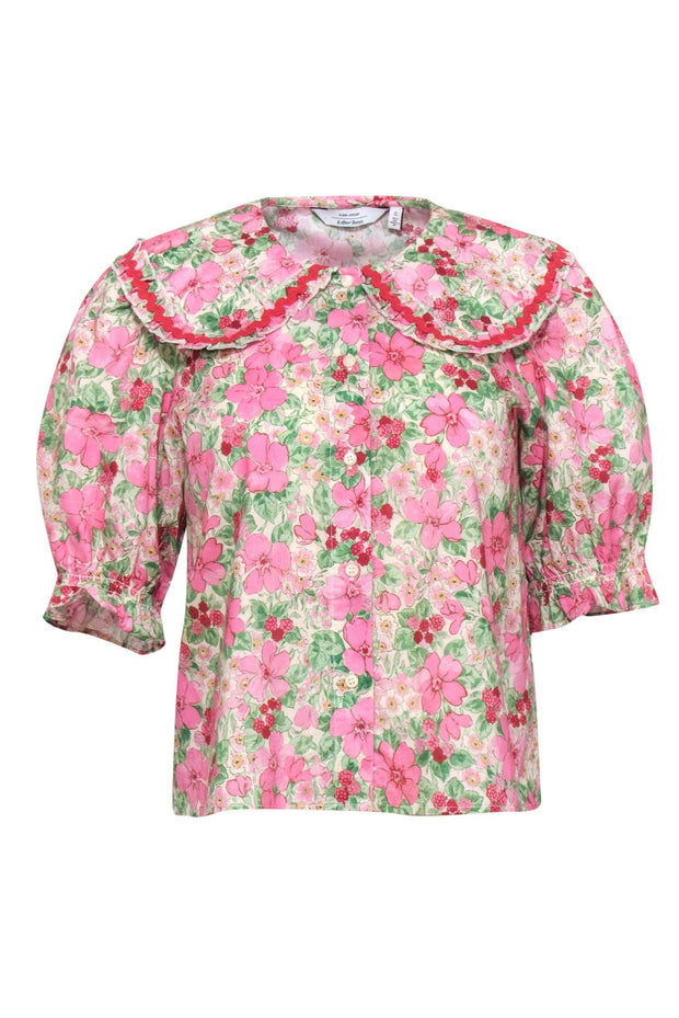 Current Boutique-& Other Stories - Pink, Green & Beige Floral Print Collared Blouse Sz 4
