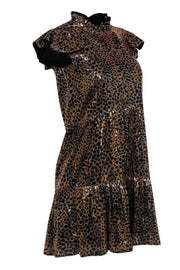 Current Boutique-Othilia - Gold & Black Sequin Leopard Print Cap Sleeve Tiered Dress Sz XS
