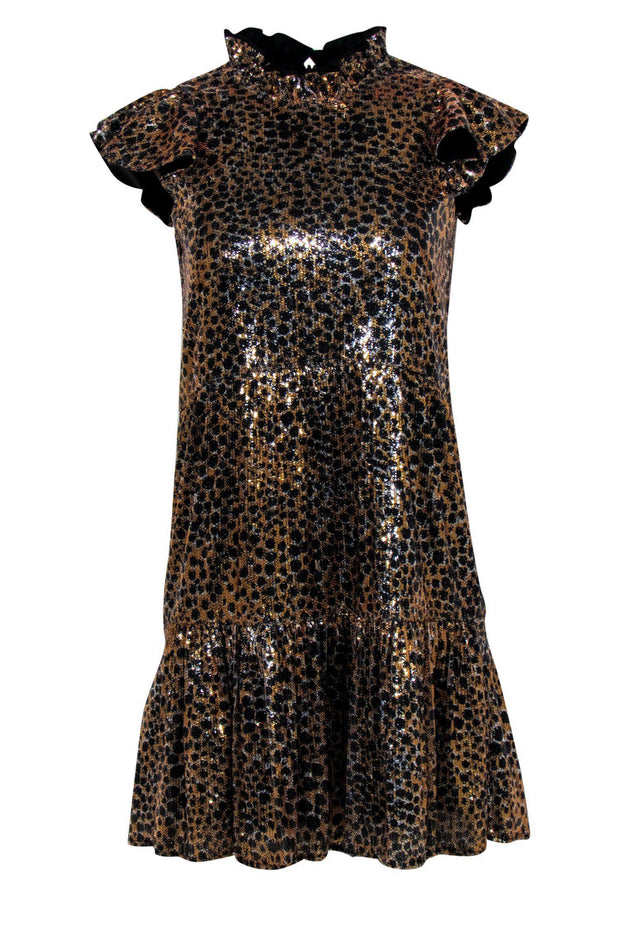 Current Boutique-Othilia - Gold & Black Sequin Leopard Print Cap Sleeve Tiered Dress Sz XS