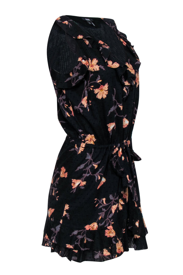Current Boutique-Paige - Black, Peach & Grey Floral Sundress w/ Ruffles & Tie Waist Sz S