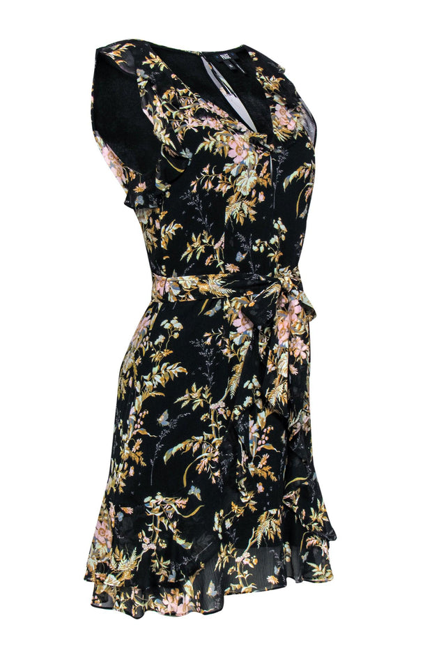 Current Boutique-Paige - Black & Yellow Floral Print Ruffled Belted Fit & Flare Dress Sz XS