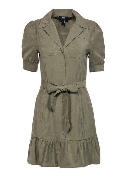 Current Boutique-Paige - Olive Button-Up Puff Sleeve Belted Shift Dress w/ Flounce Hem Sz S
