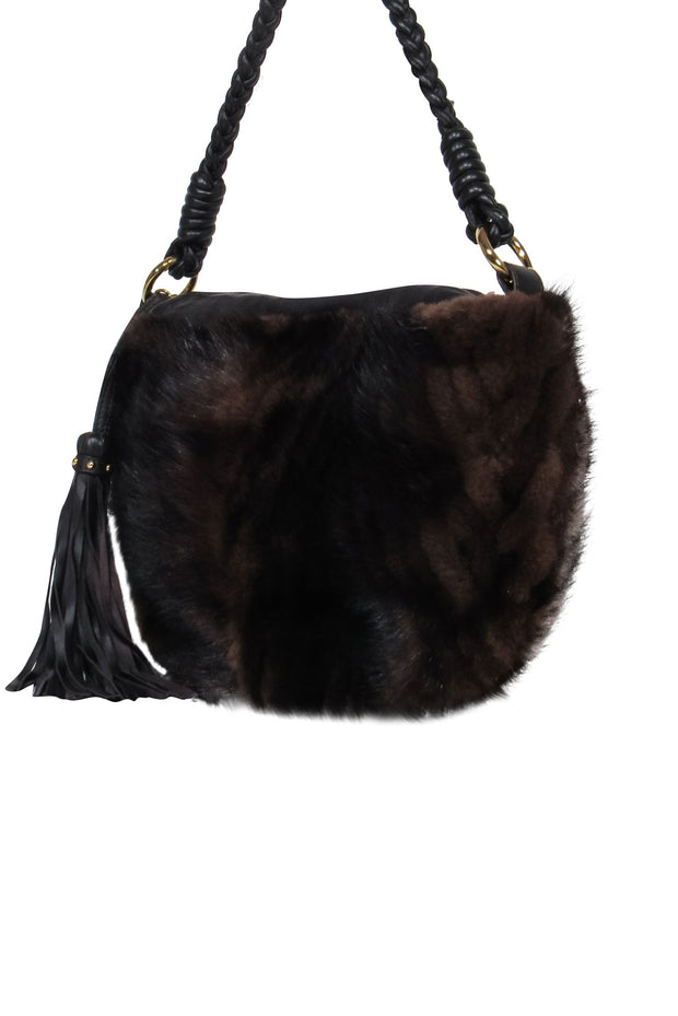 Paolo Masi Brown Leather Shoulder Bag w Mink Fur