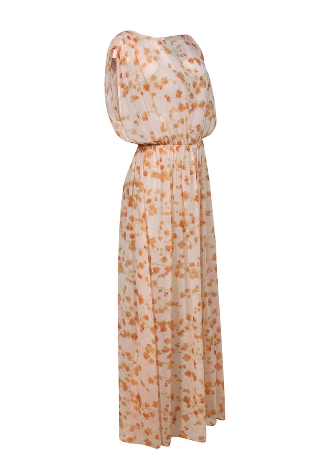 Current Boutique-Paper Crown - Peach Floral Sheer Silk Gown Sz M