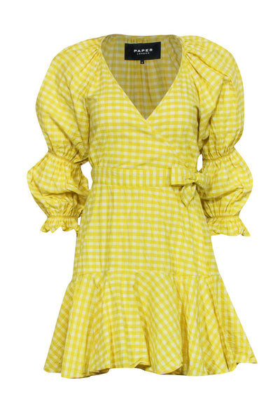 Current Boutique-Paper London - Yellow Gingham Print Long Sleeve Wrap Dress w/ Flounce Hem Sz 6