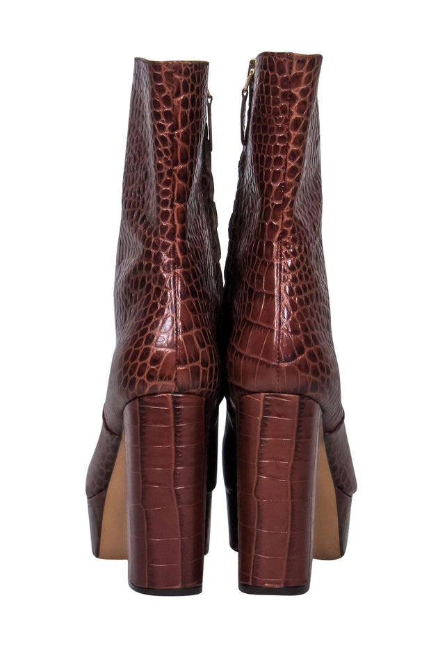 Current Boutique-Paris Texas - Brown Embossed Leather Platform Block Heel Boots Sz 8