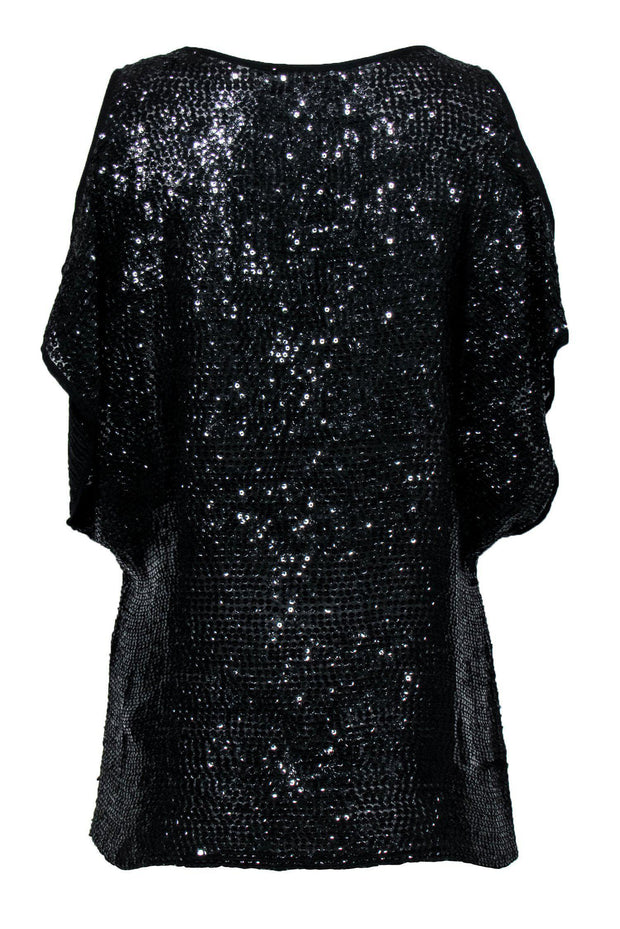 Current Boutique-Parker - Black Beaded & Sequin Cold Shoulder Short Sleeve Silk Blouse Sz XS