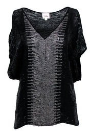 Current Boutique-Parker - Black Beaded & Sequin Cold Shoulder Short Sleeve Silk Blouse Sz XS