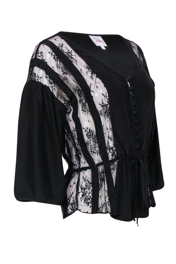 Current Boutique-Parker - Black Button-Up Long Sleeve Silk Blouse w/ Lace Trim Sz S