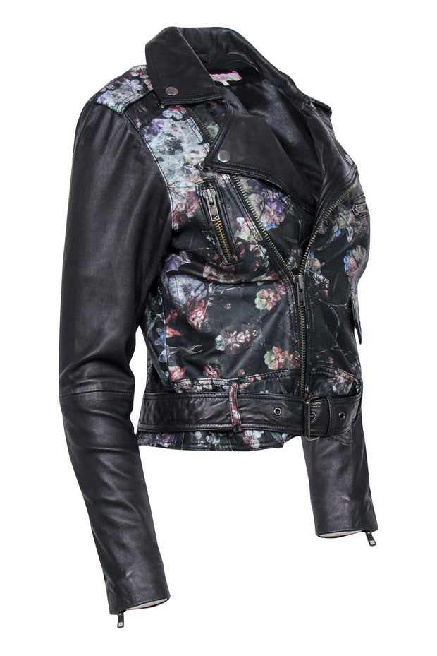 Current Boutique-Parker - Black Floral Print Zip-Up Leather Moto-Style Jacket Sz S