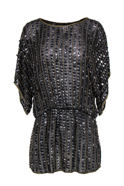 Current Boutique-Parker - Black Jeweled & Beaded Short Sleeve Silk Tunic-Style Dress Sz S