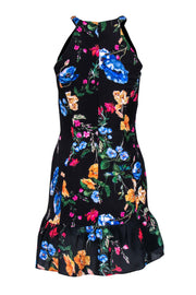 Current Boutique-Parker - Black & Multicolor Floral Print Ruched Sheath Dress w/ Flounce Hem Sz 2