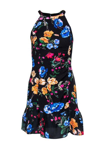 Current Boutique-Parker - Black & Multicolor Floral Print Ruched Sheath Dress w/ Flounce Hem Sz 2