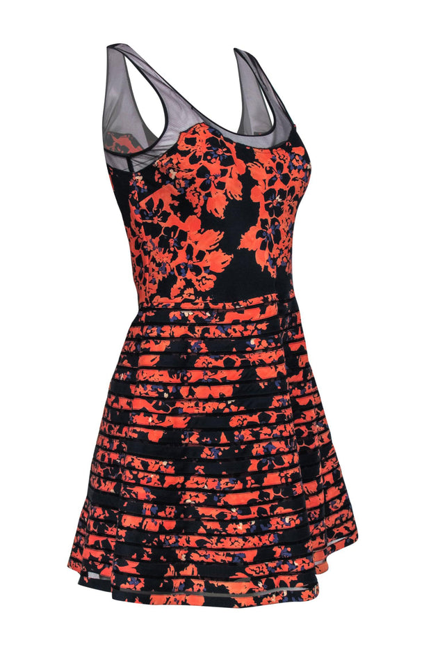 Current Boutique-Parker - Black & Orange Floral Print Fit & Flare Dress w/ Mesh Sz S